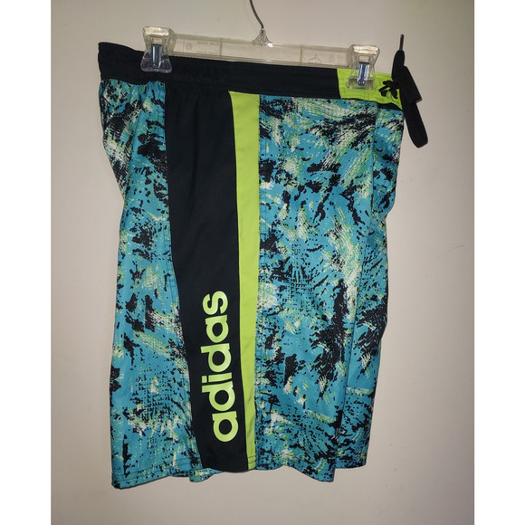 Adidas Mens Swim Trunks Medium 10" Board Shorts Mesh Lined Multi Black Green - Picture 1 of 9